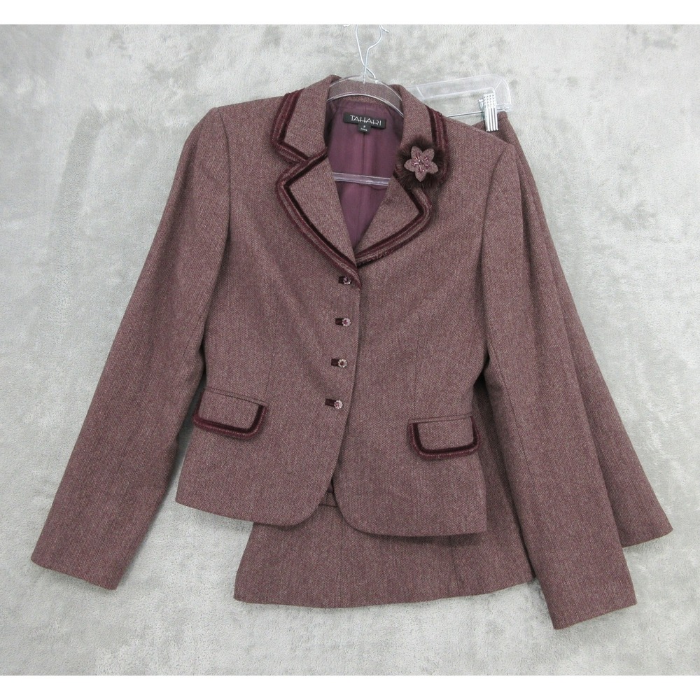 Tahari Skirt Suit Womens Size 2 Wool Herringbone Velvet Trim 90s Y2K Maroon